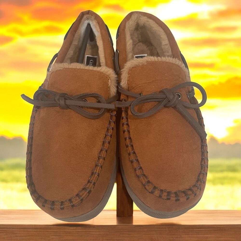 Tan‎ Moccasin Slippers Mens Indoor Outdoor Fleece Lined Small Cozy Winter Lounge